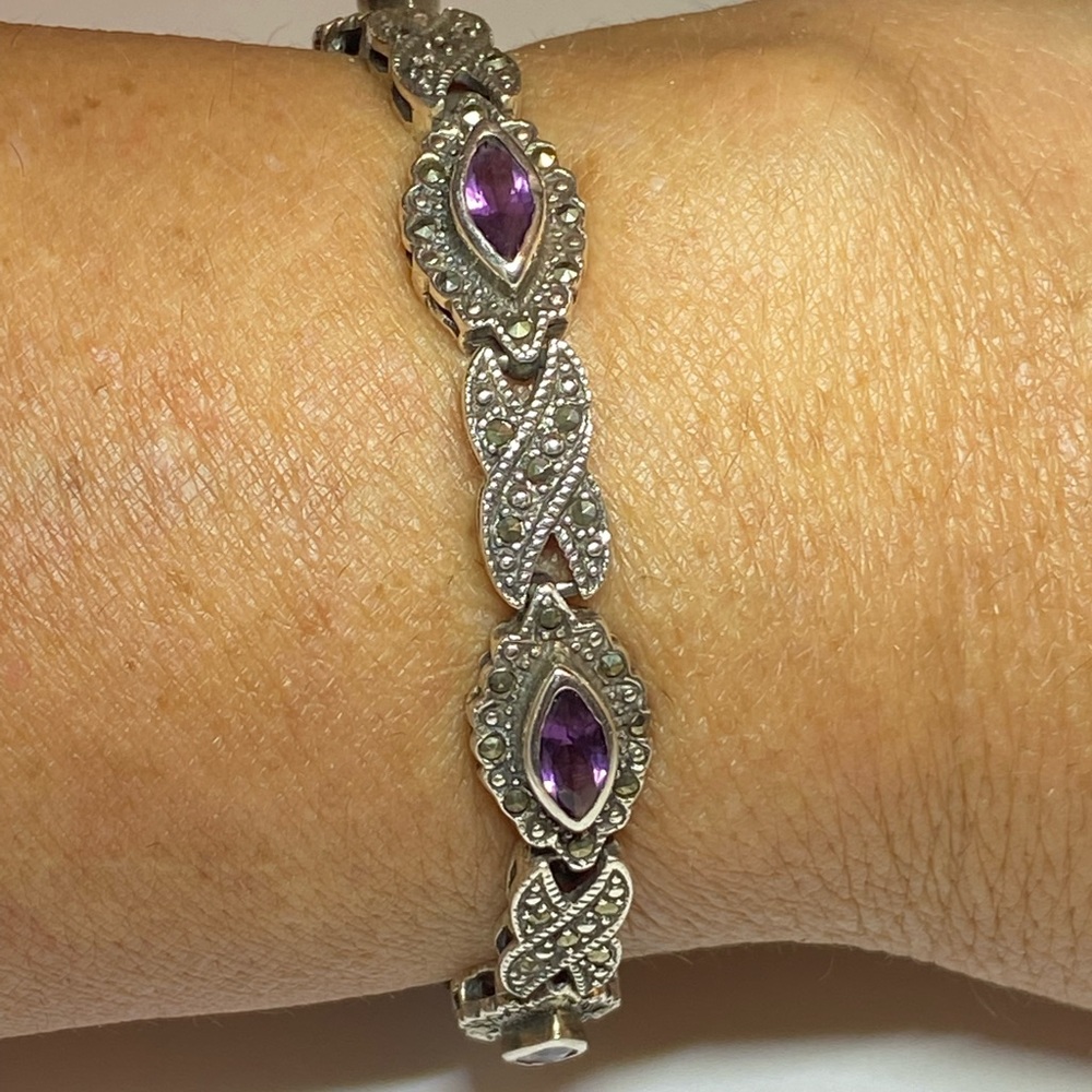 Amethyst Marcasite Silver Chain Link Bracelet